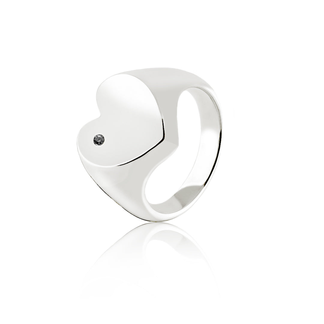 HEART SIGNET RING WITH BLACK DIAMOND