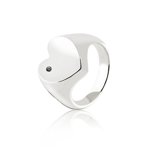 HEART SIGNET RING WITH BLACK DIAMOND